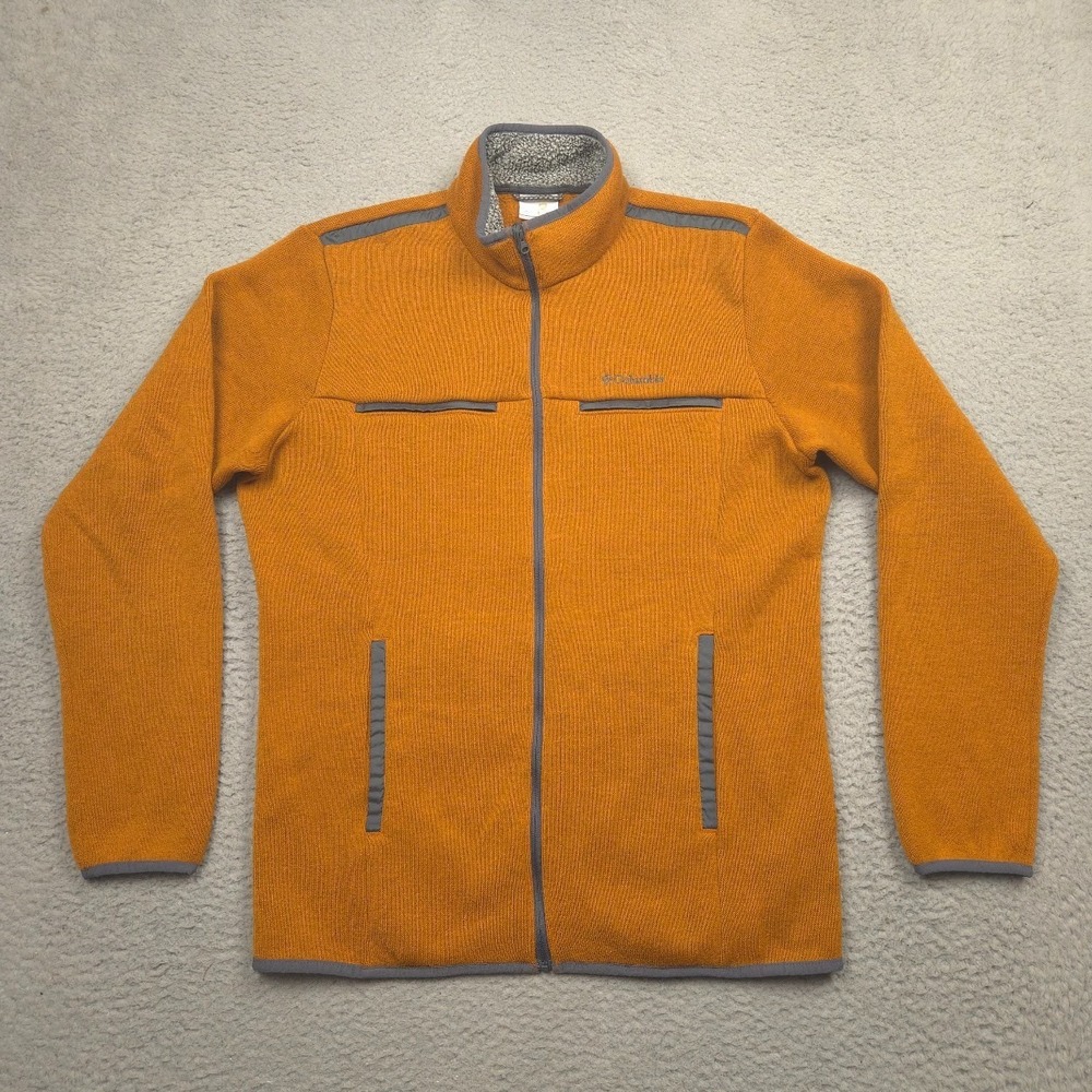 Columbia Full Zip Sweater Fleece Jacket Men M Orange Gray Sherpa Collar